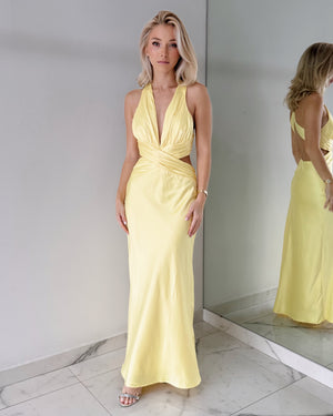 Yellow V Neck Open Midi Dress