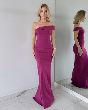 Magenta Strapless One Shoulder Gown Dress