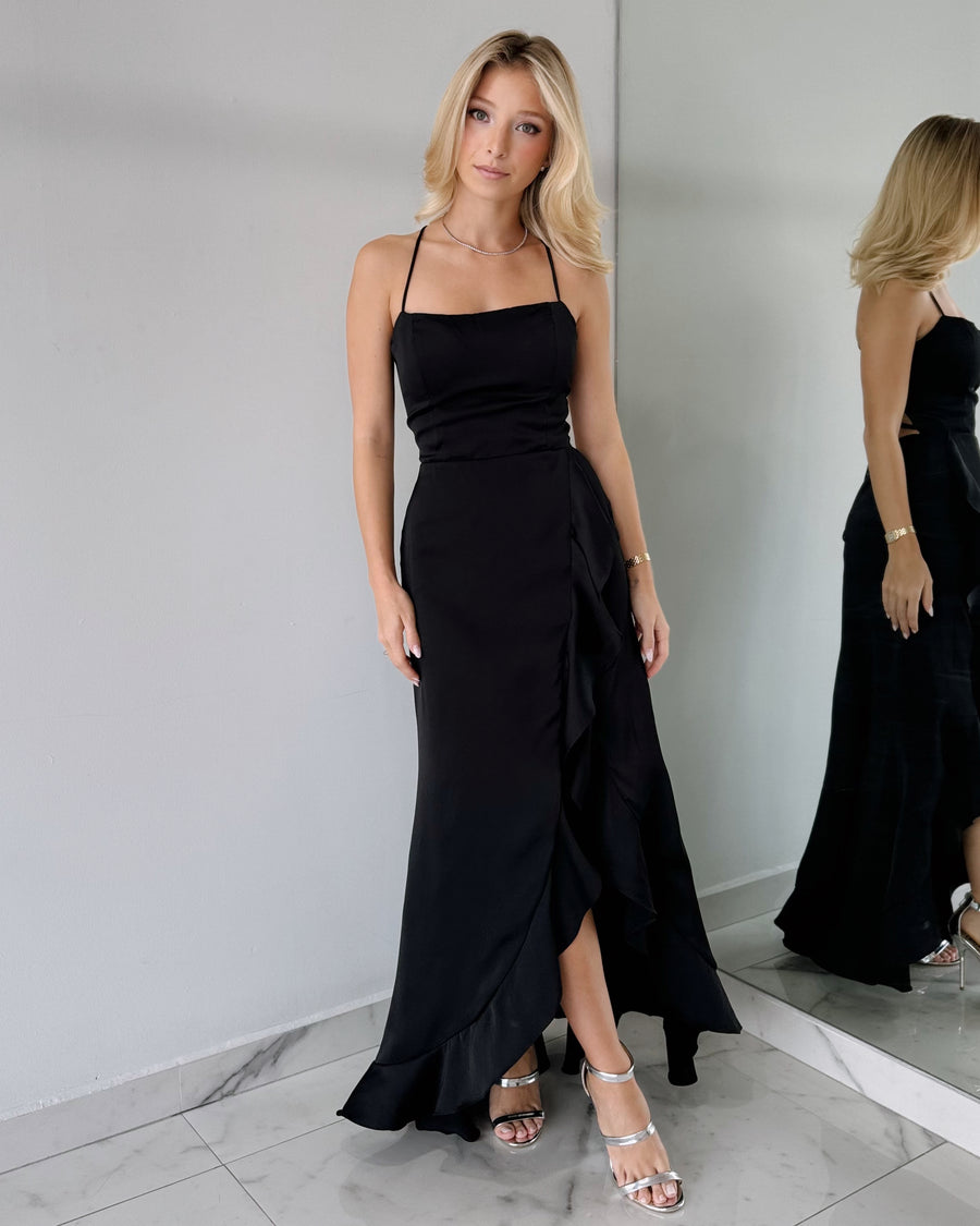 Black Ruffle Open Back Maxi Dress