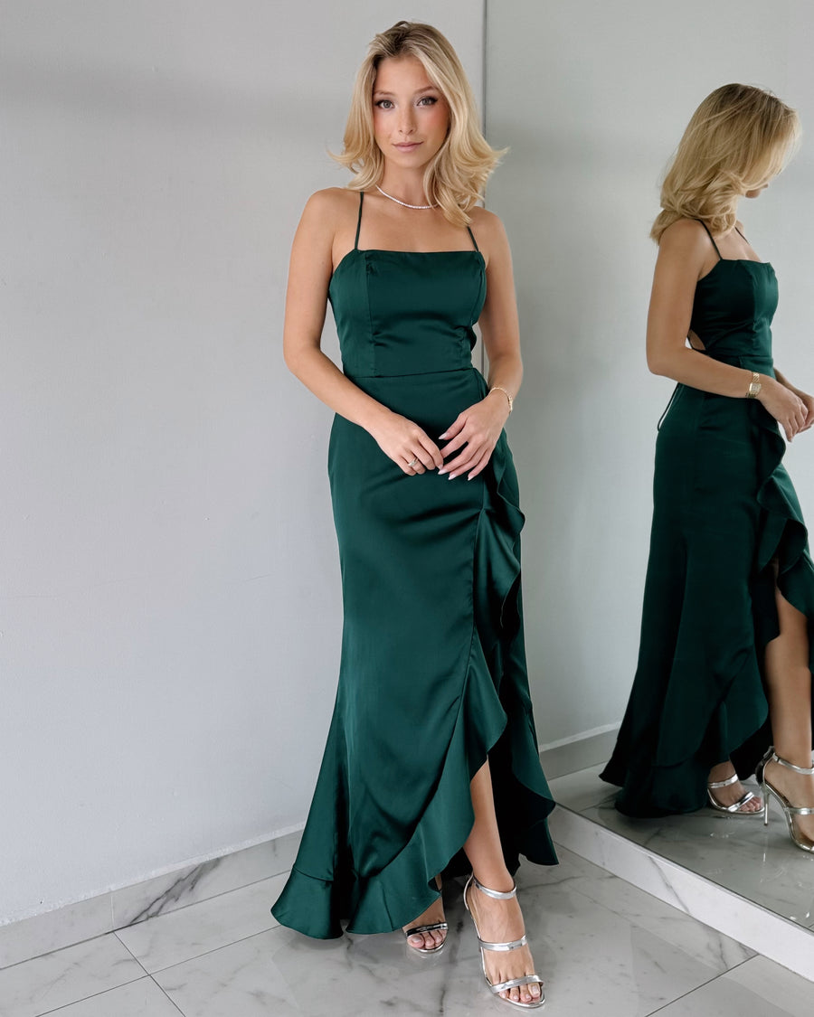 Emerald Ruffle Open Back Maxi Dress