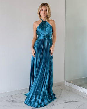 Blue Halter Pleated Gown Dress