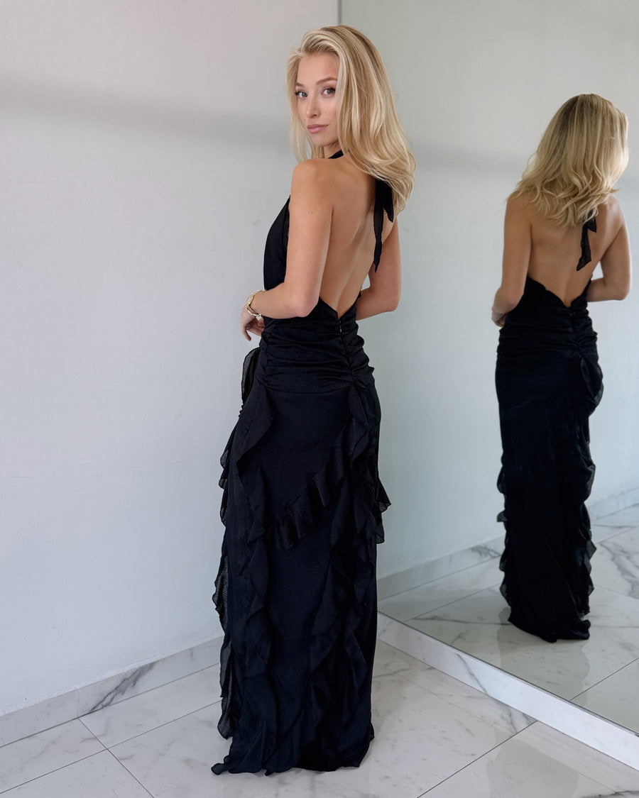 Black Ruffle Open Back Gown Dress