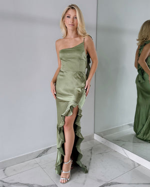Olive Green Open Back Gown Dress
