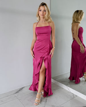 Magenta Ruffle Open Back Maxi Dress