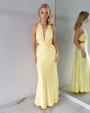 Yellow V Neck Open Midi Dress