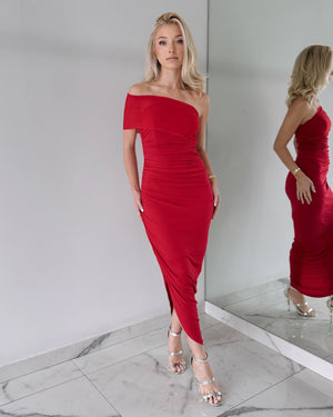 Red One Shoulder Midi Dress