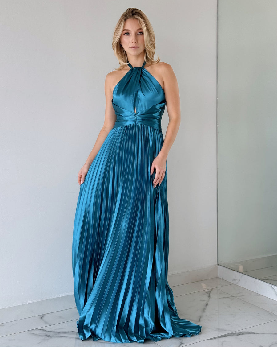 Blue Halter Pleated Gown Dress