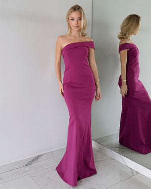 Magenta Strapless One Shoulder Gown Dress