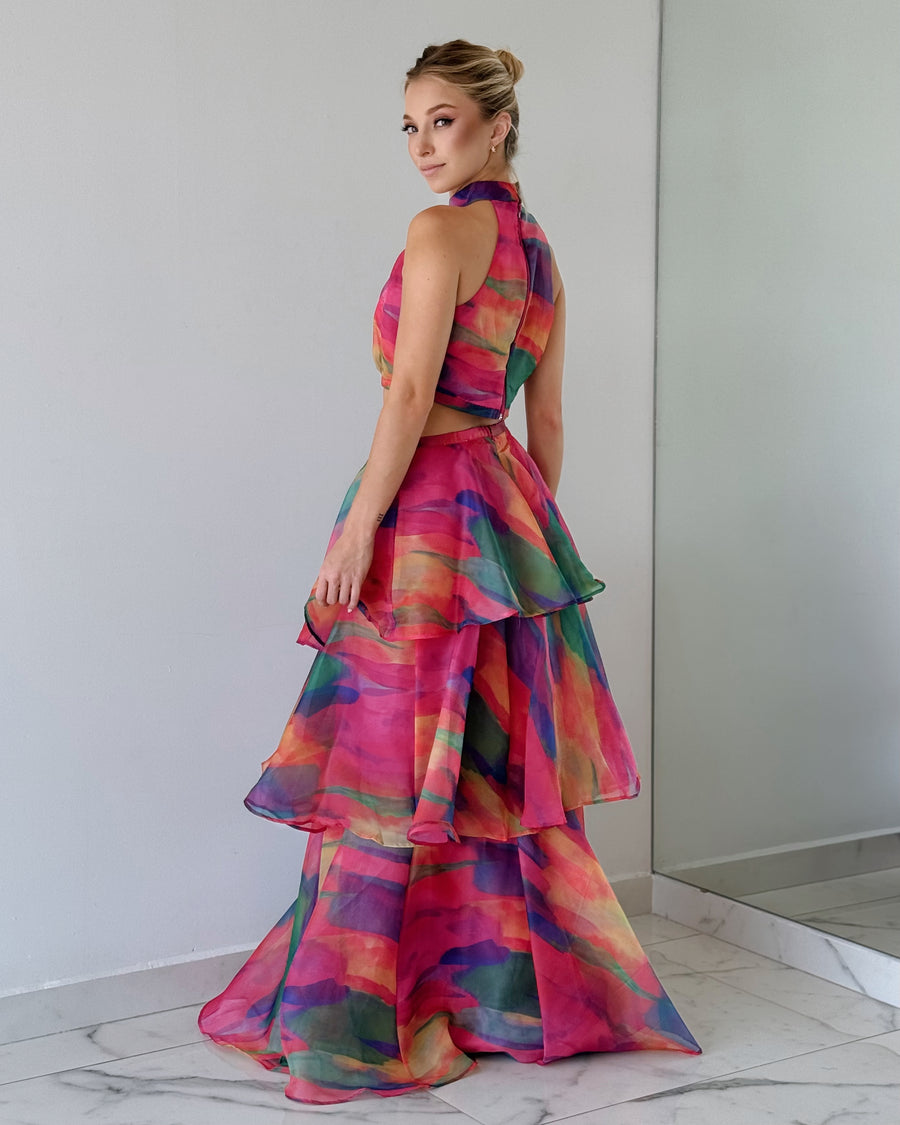 Coral Tie Dye Two Piece Gown Dress