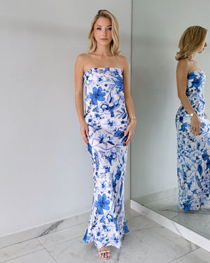 Blue Floral Strapless Maxi Dress