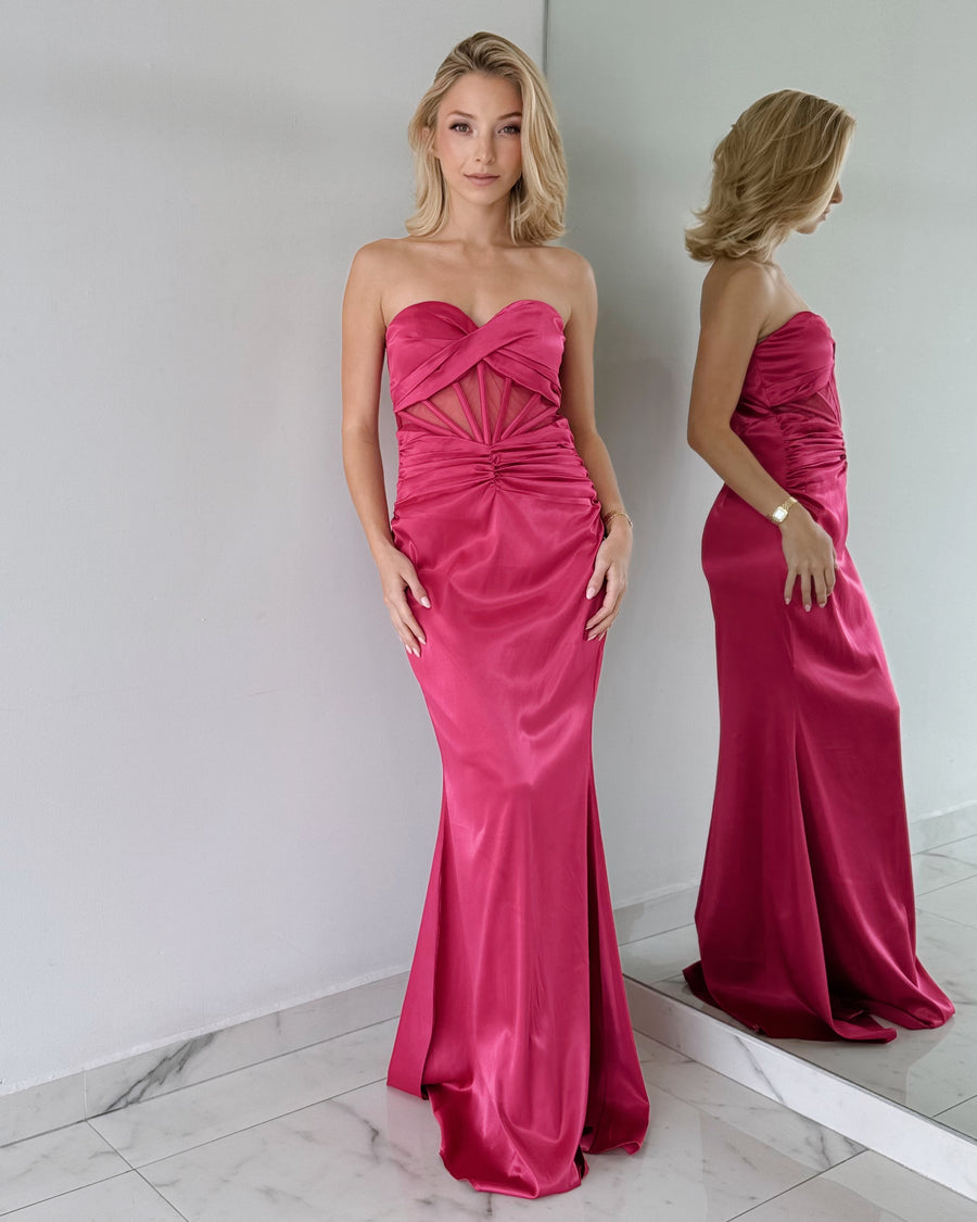 Magenta Strapless Detail Gown Dress