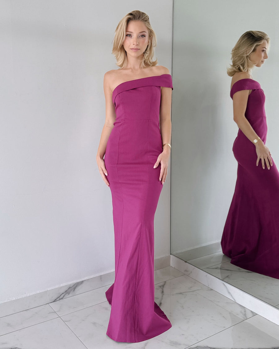 Magenta Strapless One Shoulder Gown Dress