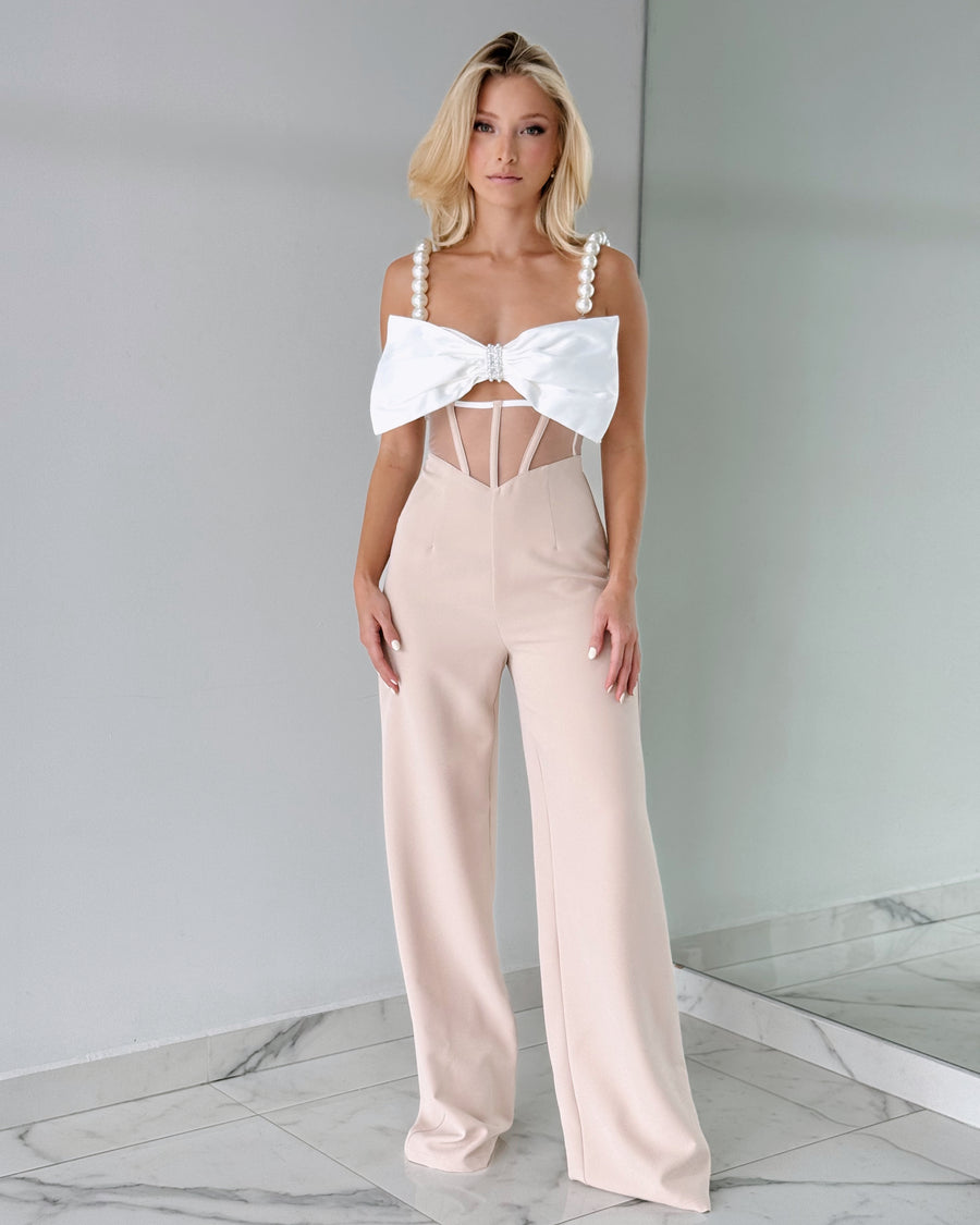 Nude Pearl Detail Bun Jumpsuit