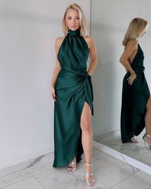 Green Halter Open Back Maxi Dress