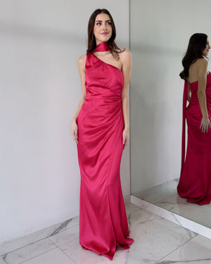 Fuchsia One Shoulder Gown Dress