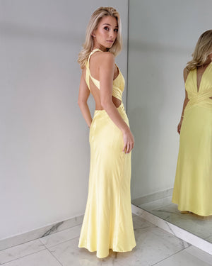 Yellow V Neck Open Midi Dress