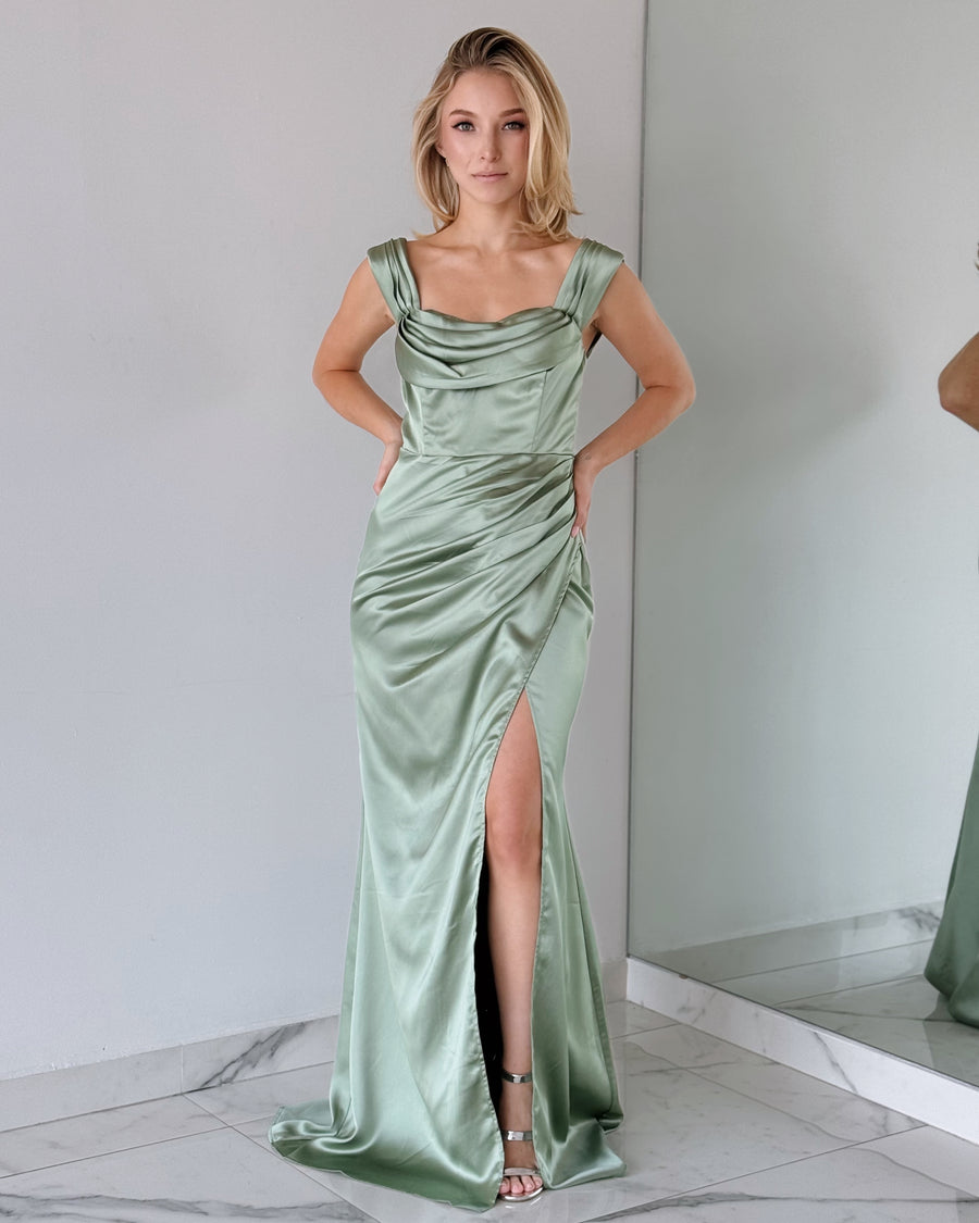 Olive Green Off Shoulder Gown Dress