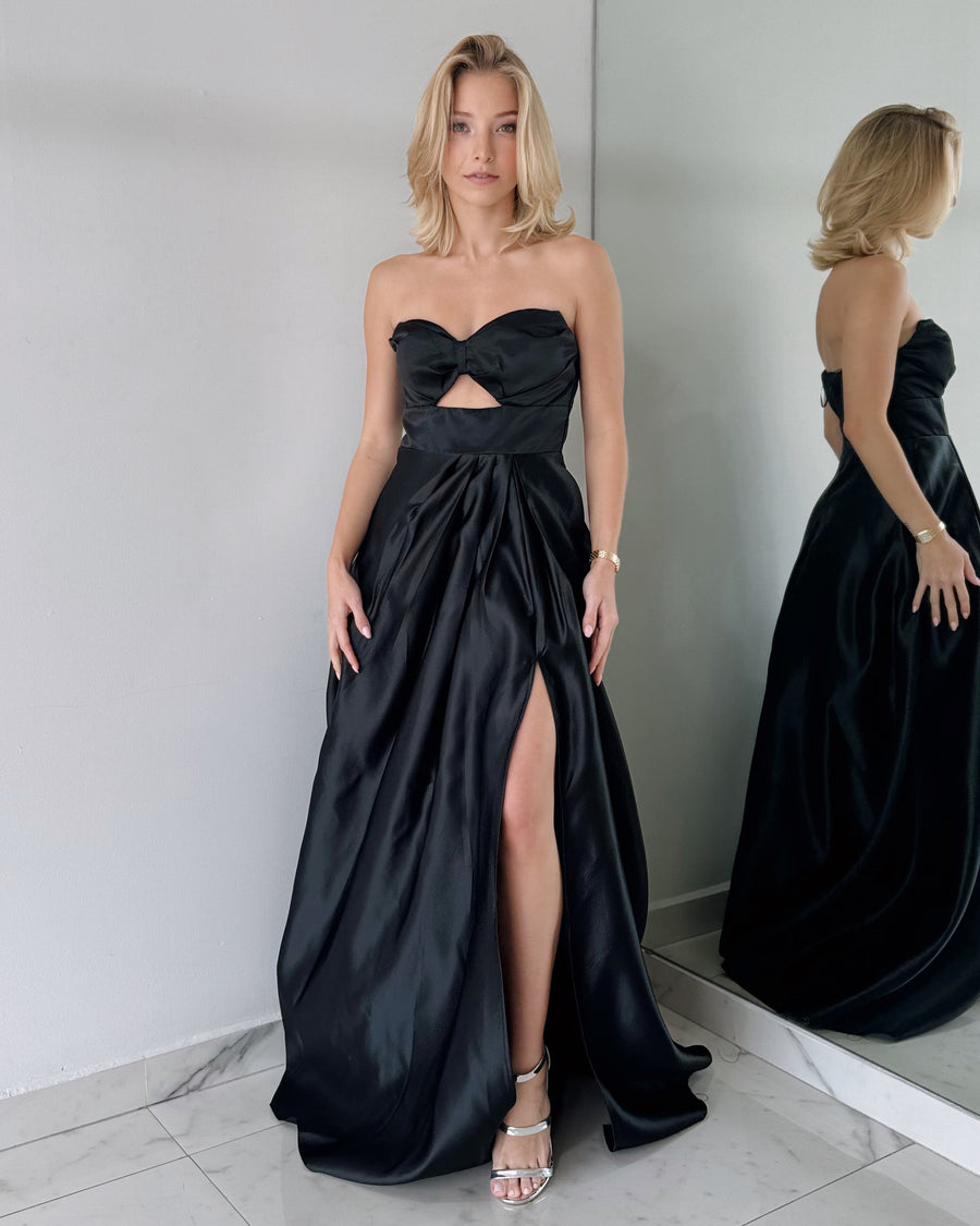 Black Strapless Open Leg Gown Dress