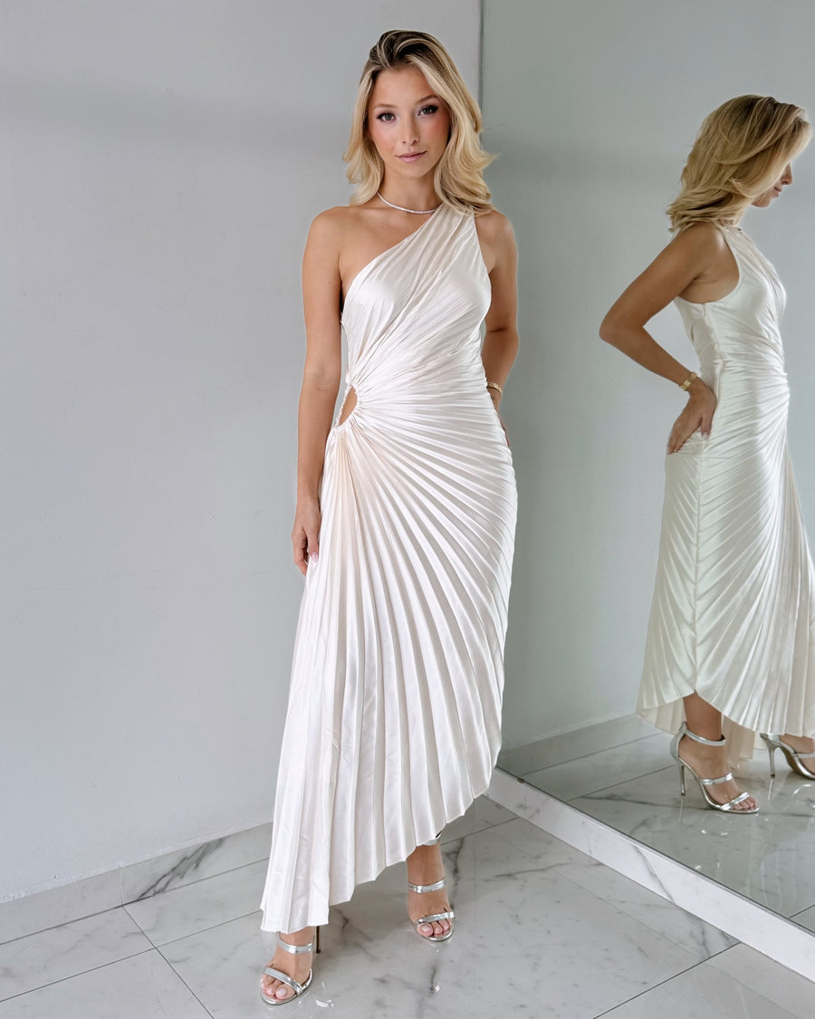 White Pearl Asymmetrical Midi Dress