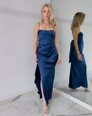 Blue Ruffle Open Leg Midi Dress