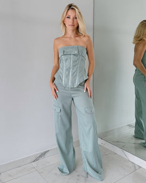 Sage Strapless Button Jumpsuit