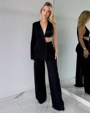 Black One Shoulder Blazer + Pant Set