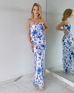 Blue Floral Strapless Maxi Dress