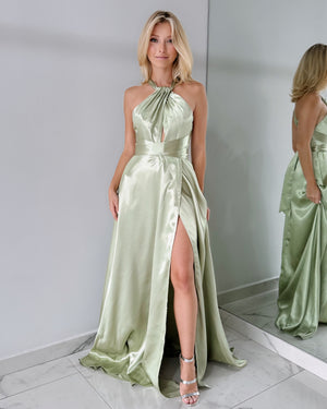 Olive Green Open Back Gown Dress