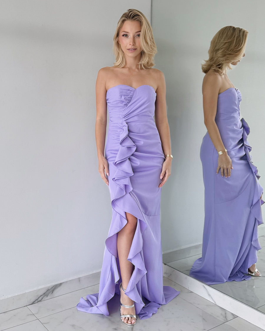 Lilac Strapless Ruffle Gown Dress