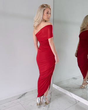 Red One Shoulder Midi Dress