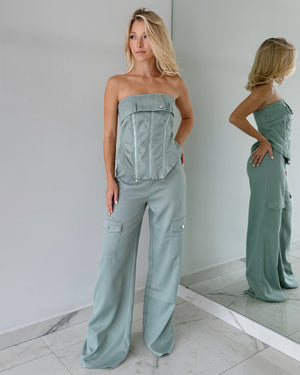 Sage Strapless Button Jumpsuit