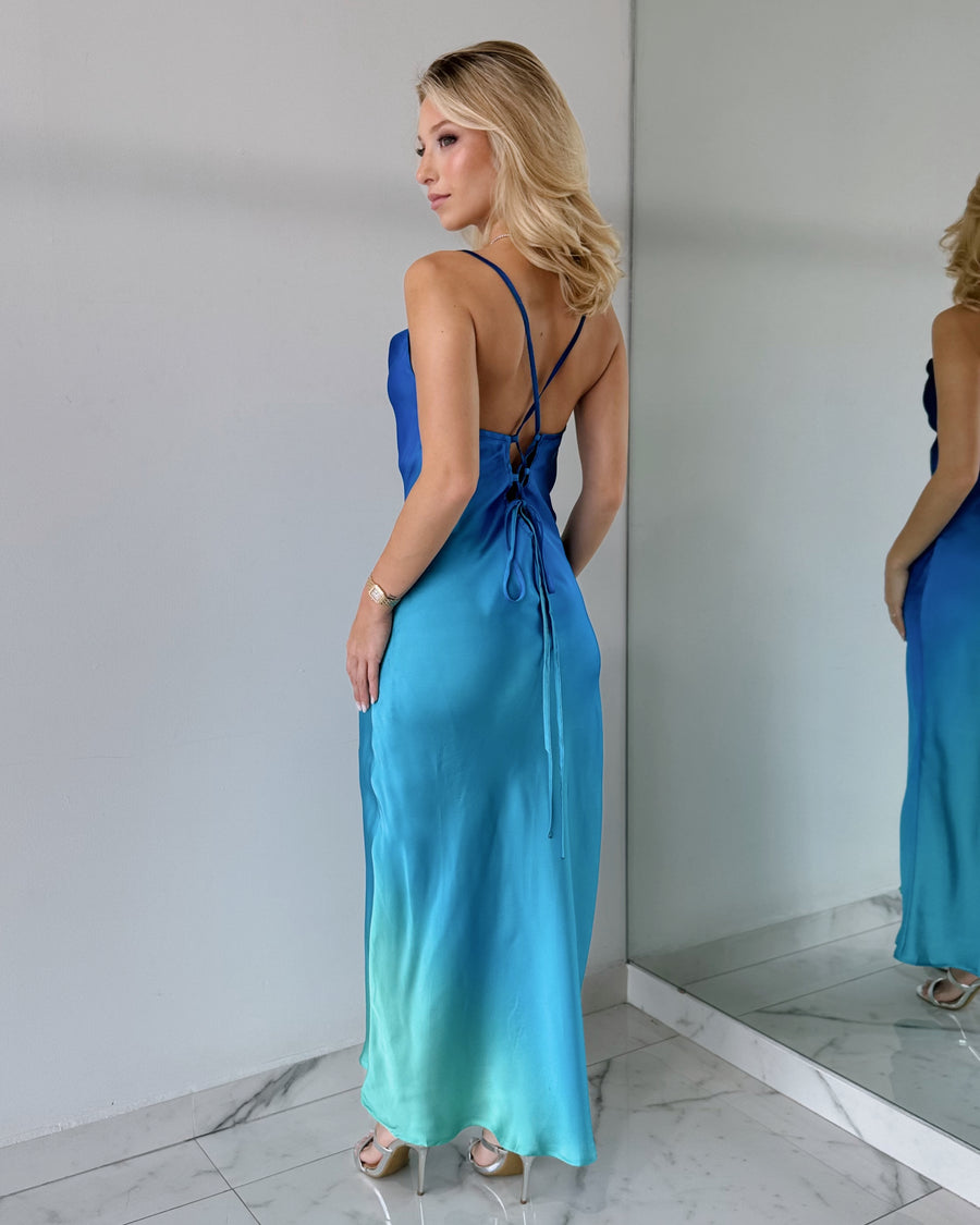 Blue Print Open Back Maxi Dress