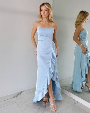 Baby Blue Ruffle Open Back Maxi Dress