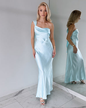 Baby Blue One Shoulder Ruffle Maxi Dress