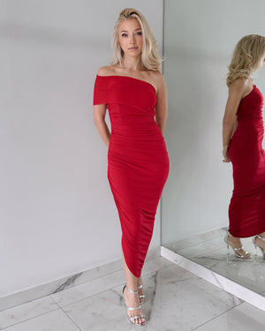 Red One Shoulder Midi Dress