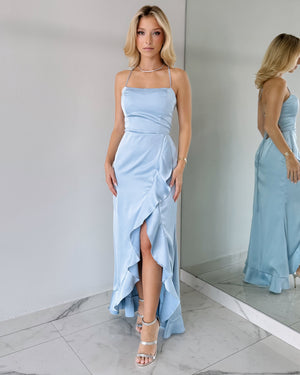 Baby Blue Ruffle Open Back Maxi Dress