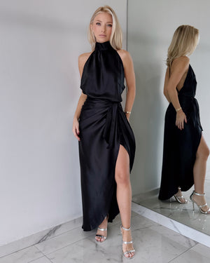 Black Halter Open Back Maxi Dress