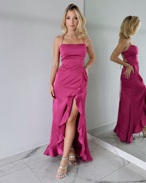 Magenta Ruffle Open Back Maxi Dress