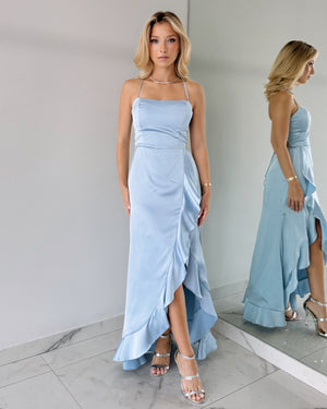 Baby Blue Ruffle Open Back Maxi Dress