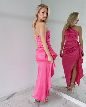 Fuchsia One Shoulder Ruffle Maxi Dress