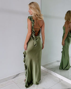 Olive Green Open Back Gown Dress