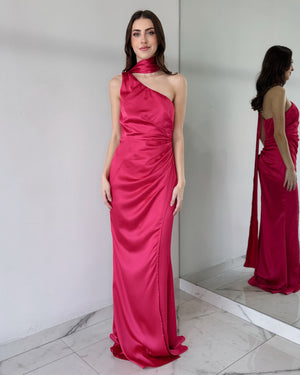 Fuchsia One Shoulder Gown Dress