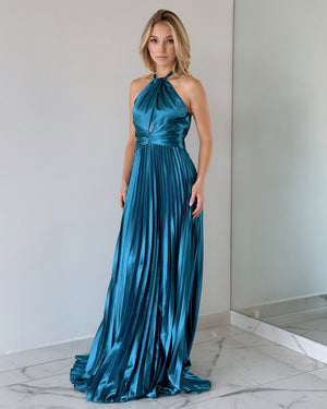 Blue Halter Pleated Gown Dress