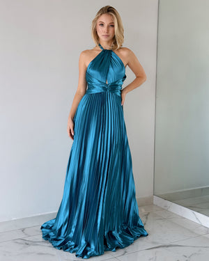 Blue Halter Pleated Gown Dress