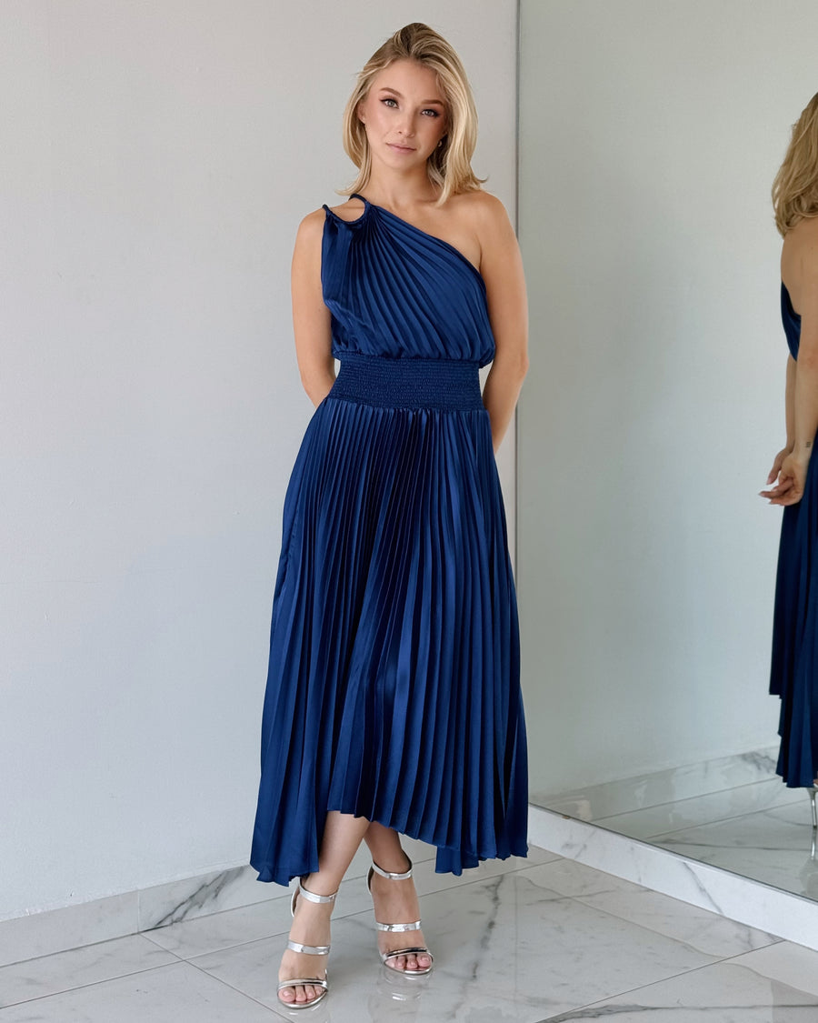 Blue Pleated One Shoulder Midi Dress