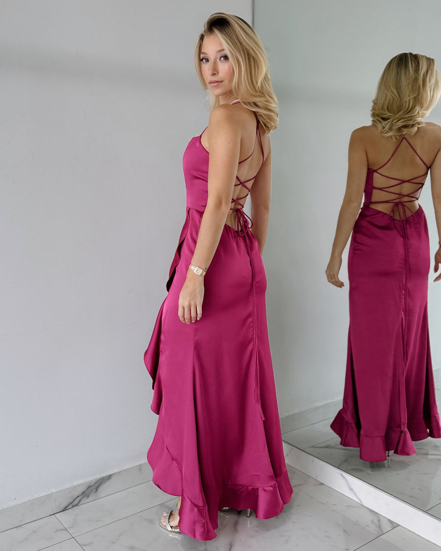 Magenta Ruffle Open Back Maxi Dress