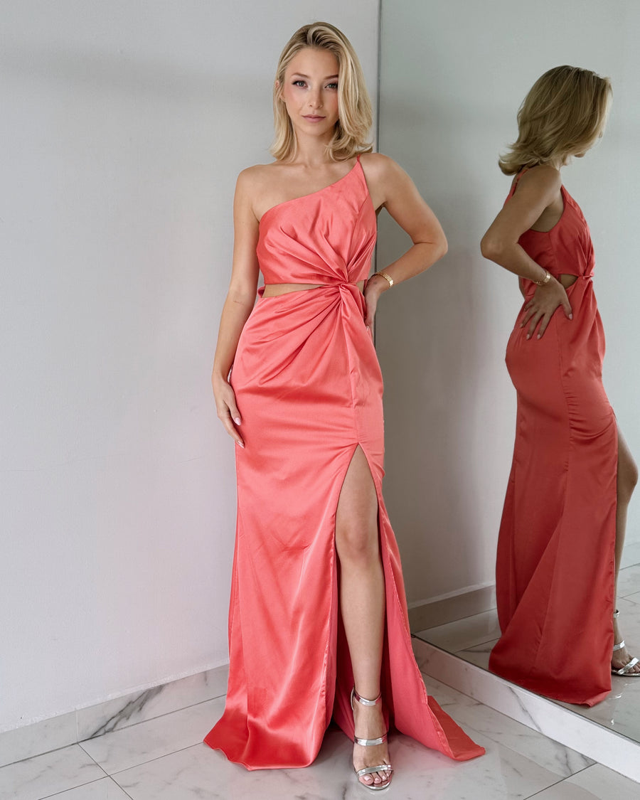 Coral One Shoulder Gown Dress