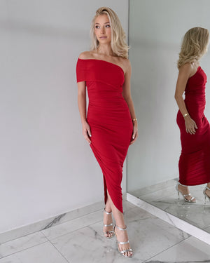 Red One Shoulder Midi Dress