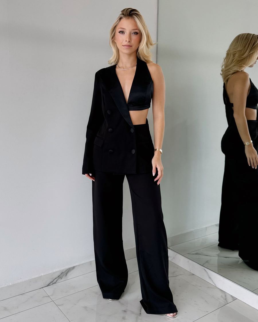 Black One Shoulder Blazer + Pant Set