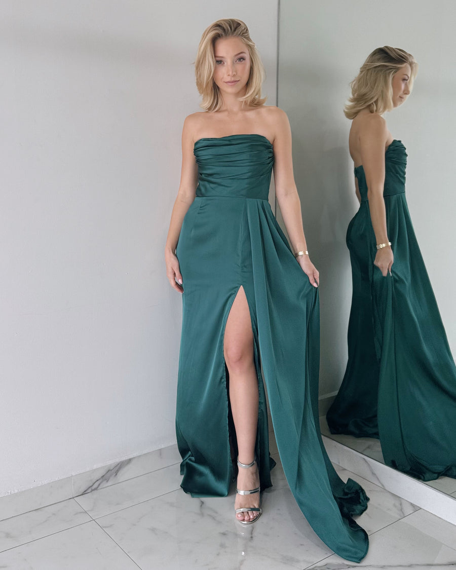 Forest Green Strapless Open Leg Gown Dress